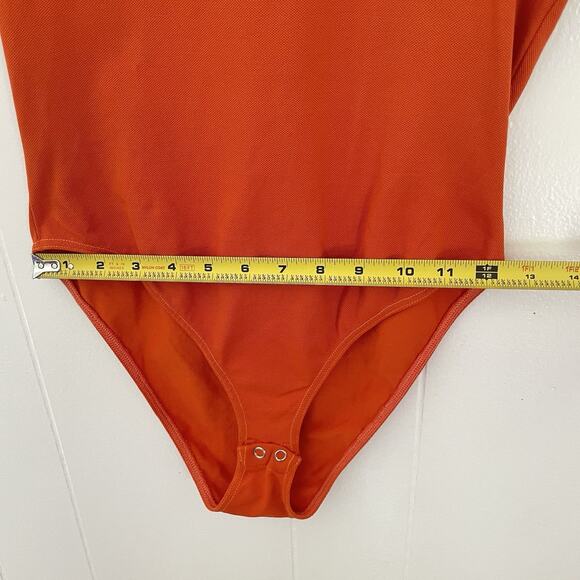 Vintage Orange Bodysuit Large | Square Neck Minimalist Ballet Euro Stretch Knit - Picture 4 of 6